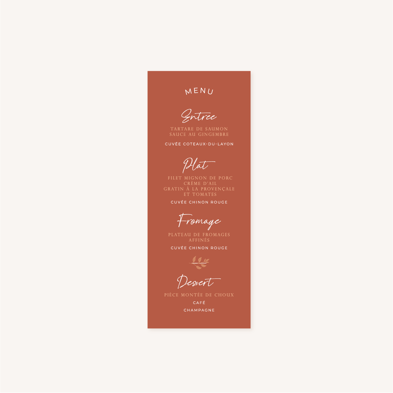 Menu individuel mariage terre de sienne terracotta marron nature boheme beige or