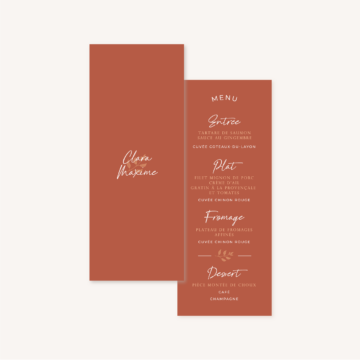 Menu individuel mariage terre de sienne terracotta marron nature boheme beige or