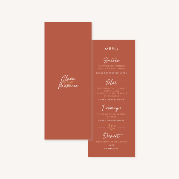 Menu individuel mariage terre de sienne terracotta marron nature boheme beige or