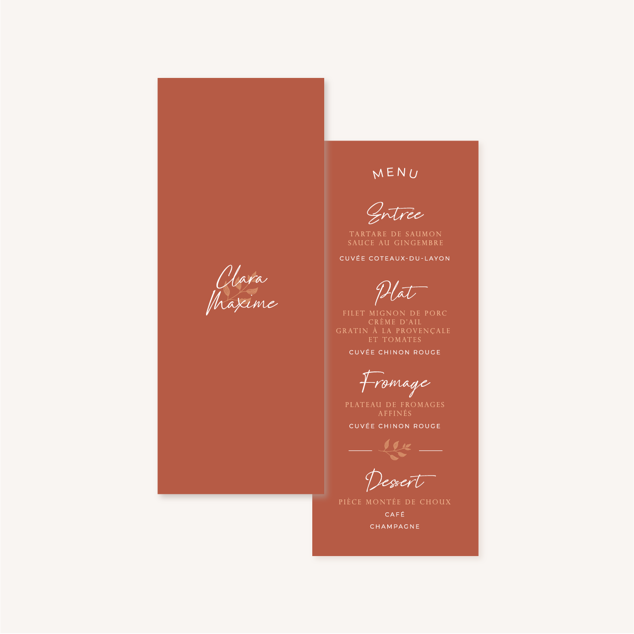 Menu individuel mariage terre de sienne terracotta marron nature boheme beige or