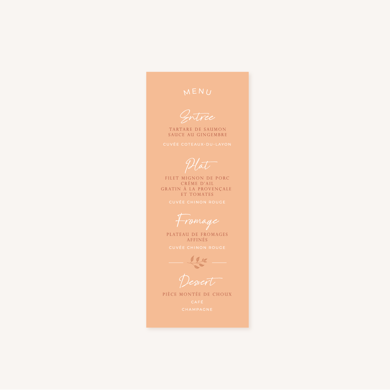 Menu individuel mariage terre de sienne terracotta marron nature boheme beige or