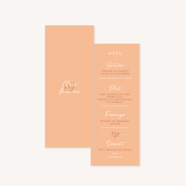 Menu individuel mariage terre de sienne terracotta marron nature boheme beige or