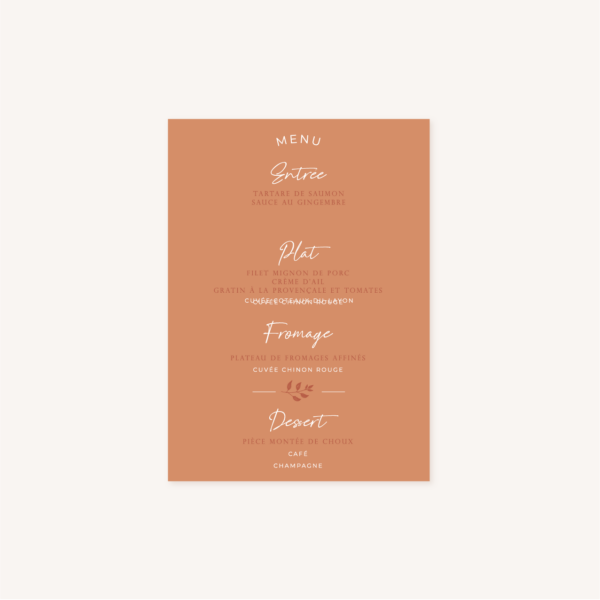 Menu mariage terre de sienne terracotta marron nature boheme beige or