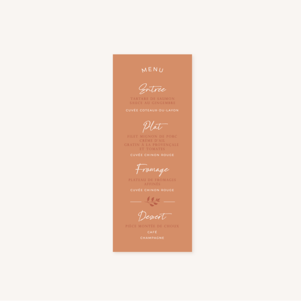 Menu individuel mariage terre de sienne terracotta marron nature boheme beige or