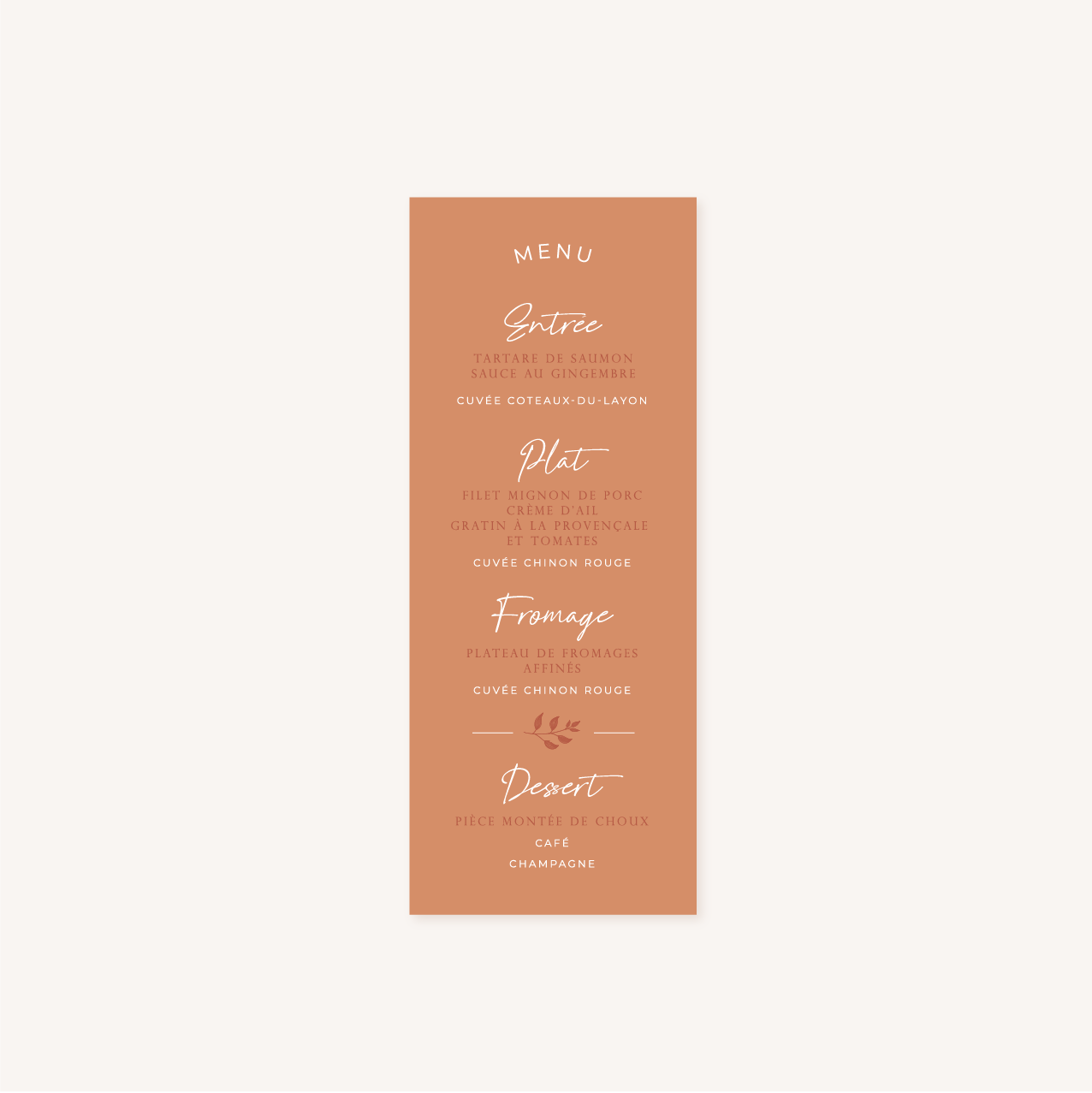 Menu individuel mariage terre de sienne terracotta marron nature boheme beige or