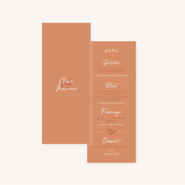Menu individuel mariage terre de sienne terracotta marron nature boheme beige or