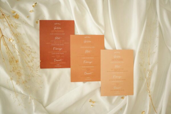 Menu mariage terre de sienne terracotta marron nature boheme beige or