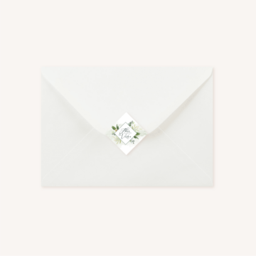 Enveloppe blanche étiquette adhésive personnalisée mariage végétal feuille eucalyptus