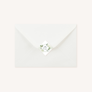 Enveloppe blanche étiquette adhésive personnalisée mariage végétal feuille eucalyptus
