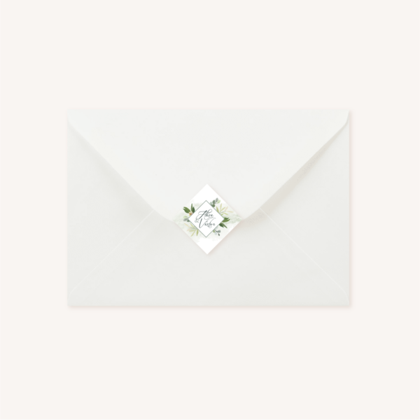 Enveloppe blanche étiquette adhésive personnalisée mariage végétal feuille eucalyptus