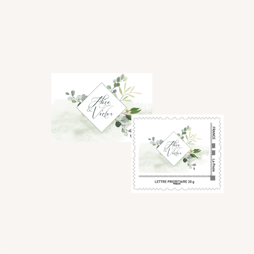 Tampon personnalisé enveloppe mariage végétal feuille eucalyptus