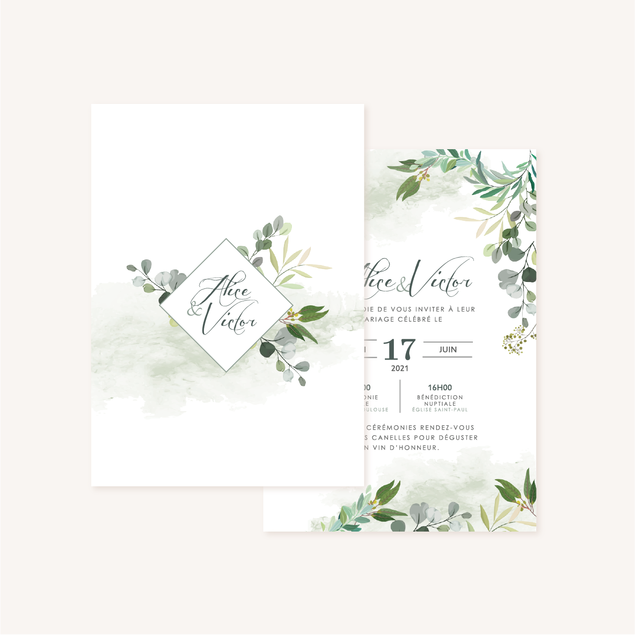 Faire- Part Mariage Eucalyptus - Nature chic avec enveloppe personnalisée