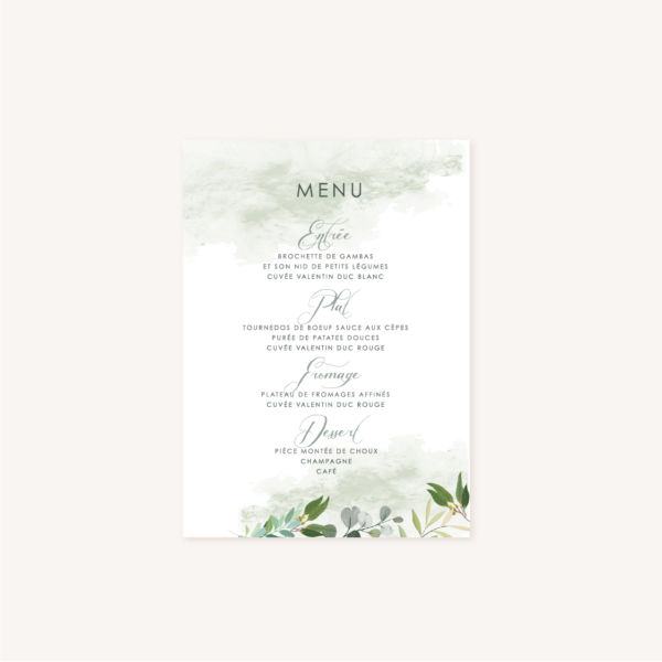 Menu table mariage végétal feuille eucalyptus