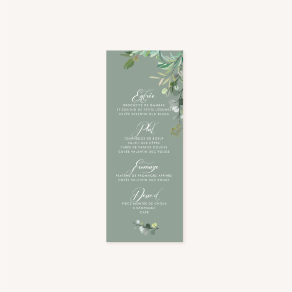 Menu individuelle table mariage vert végétal feuille eucalyptus