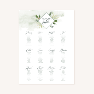 Panneau plan de table mariage végétal feuille eucalyptus