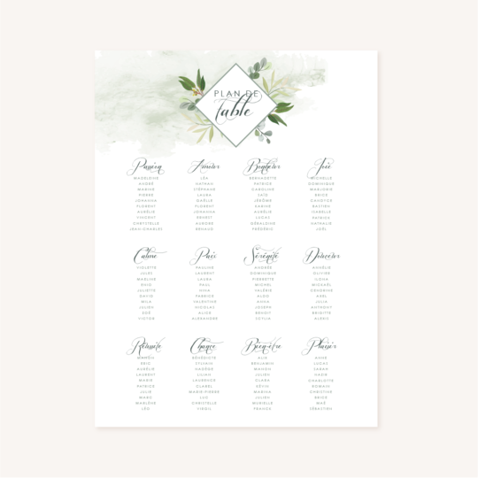 Panneau plan de table mariage Eucalyptus - Le Comptoir du Bonheur