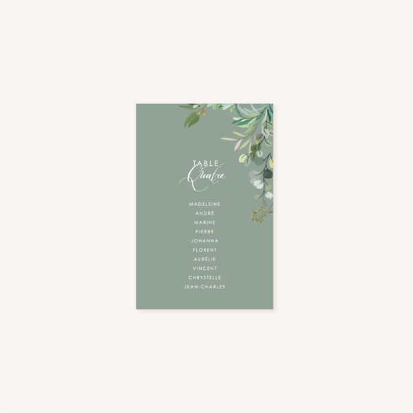 Plan de table vert mariage végétal feuille eucalyptus