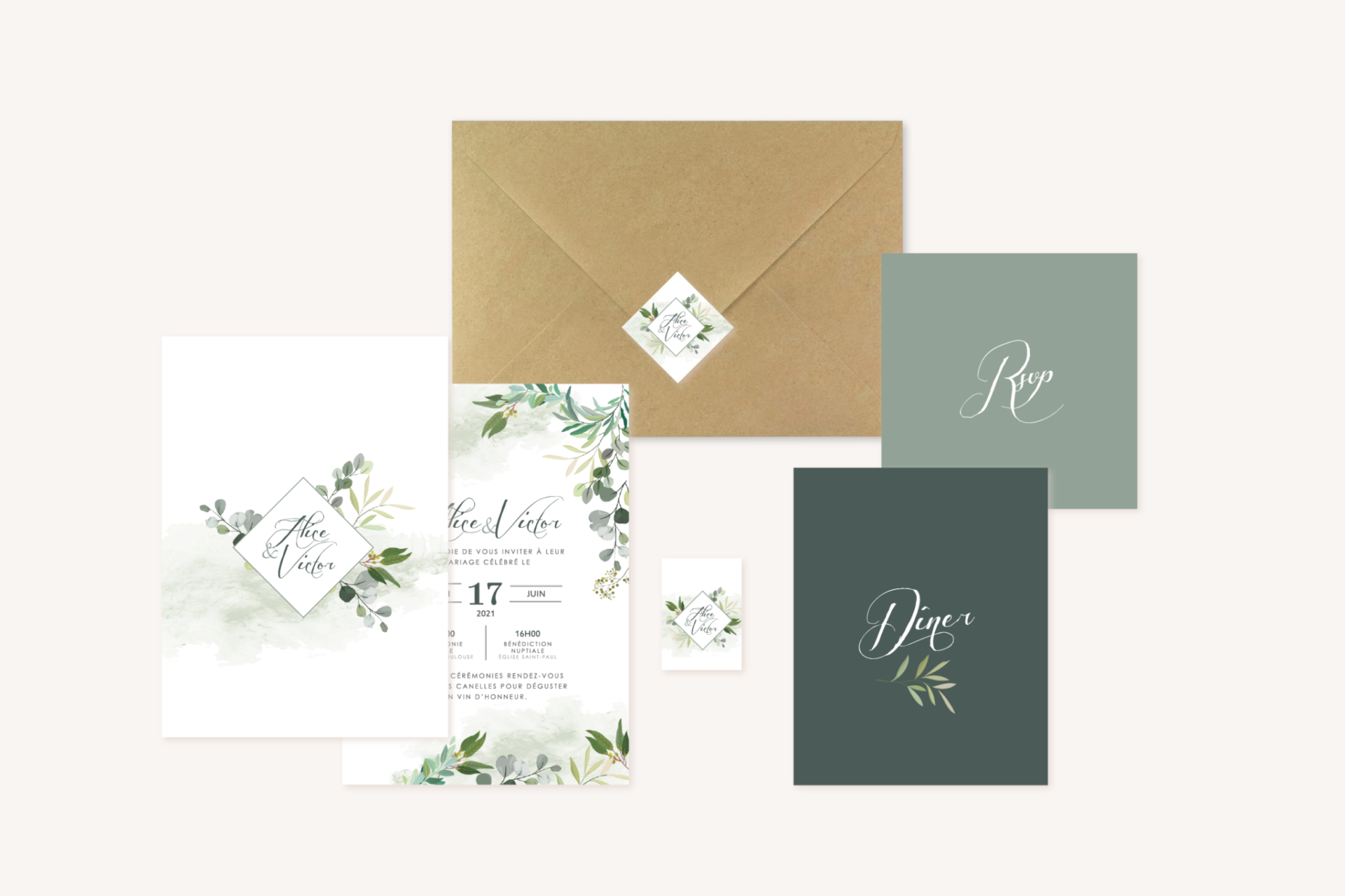 Stickers pour enveloppes mariage Couronne d'eucalyptus - Personnalisable