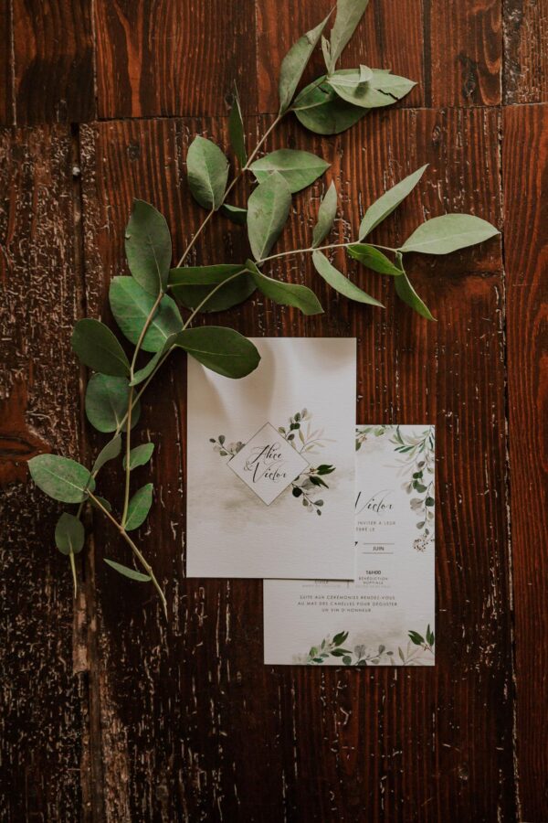 Faire-part mariage végétal feuille eucalyptus