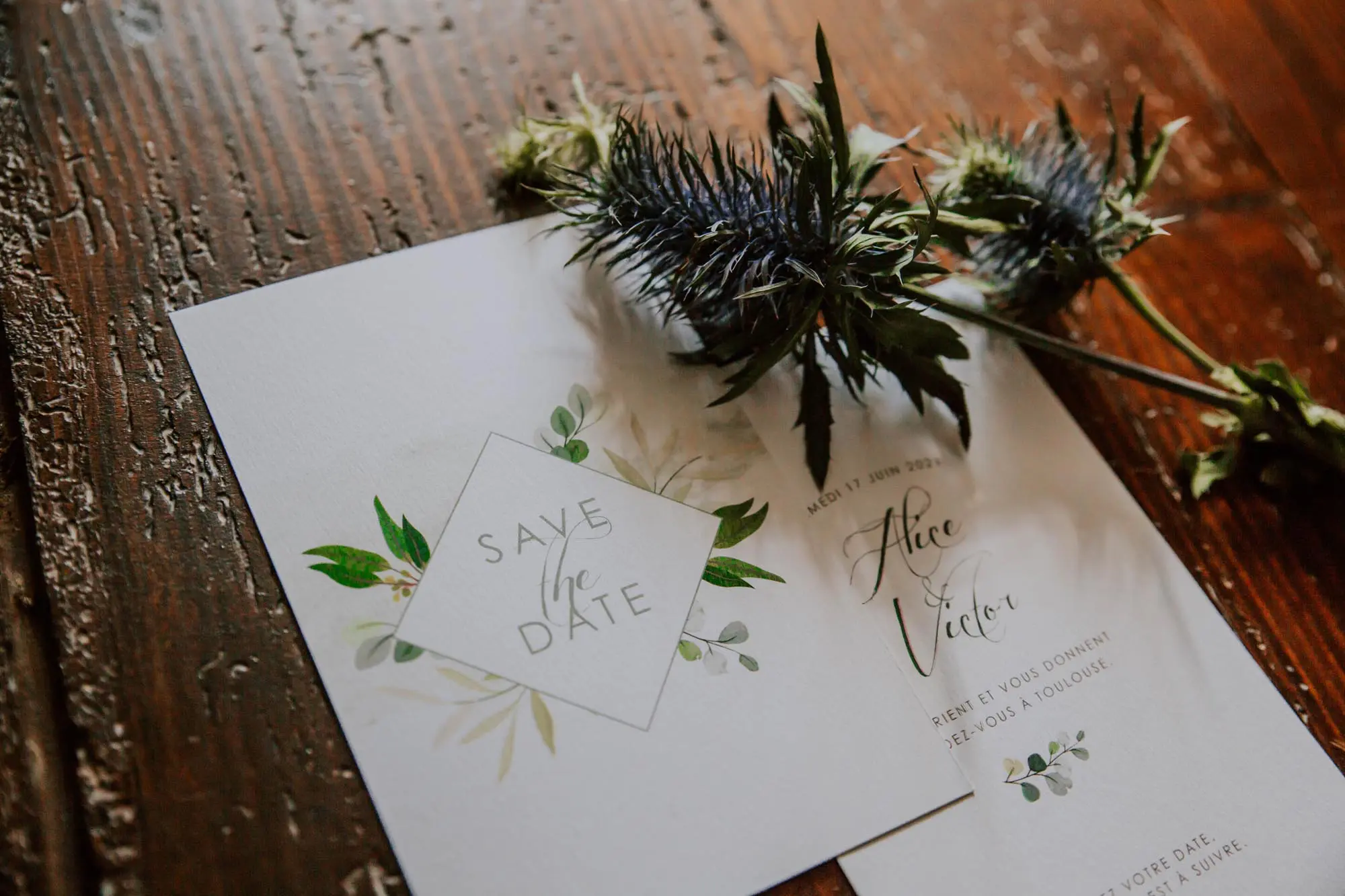 Save the date faire-part mariage végétal feuille eucalyptus