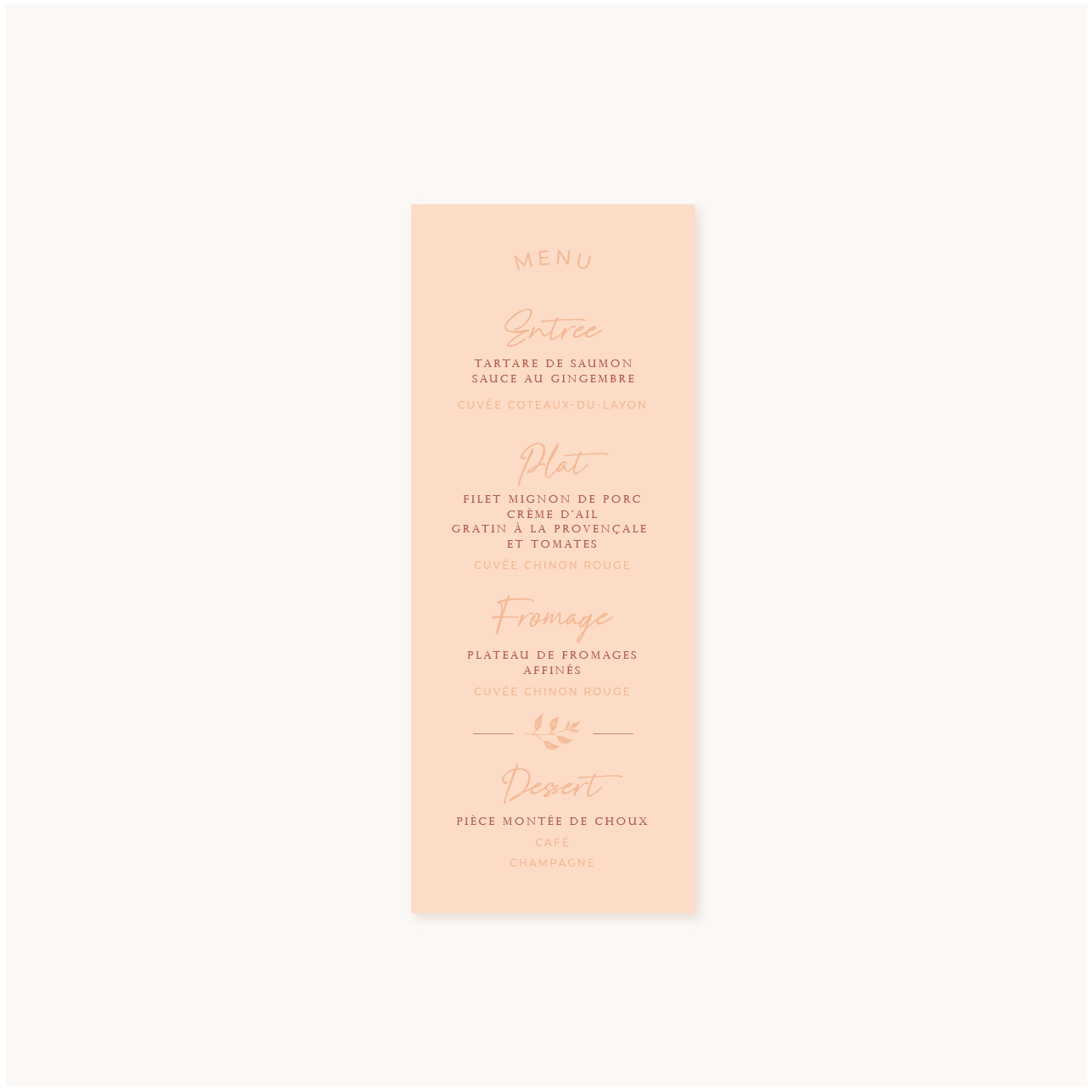Menu individuel mariage terre de sienne terracotta marron nature boheme beige or