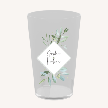 Écocup prénom personnalisé mariage minimaliste végétal nature olivier vert blanc