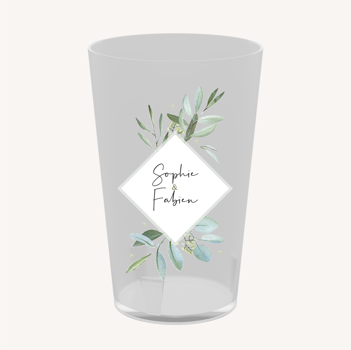 Écocup prénom personnalisé mariage minimaliste végétal nature olivier vert blanc
