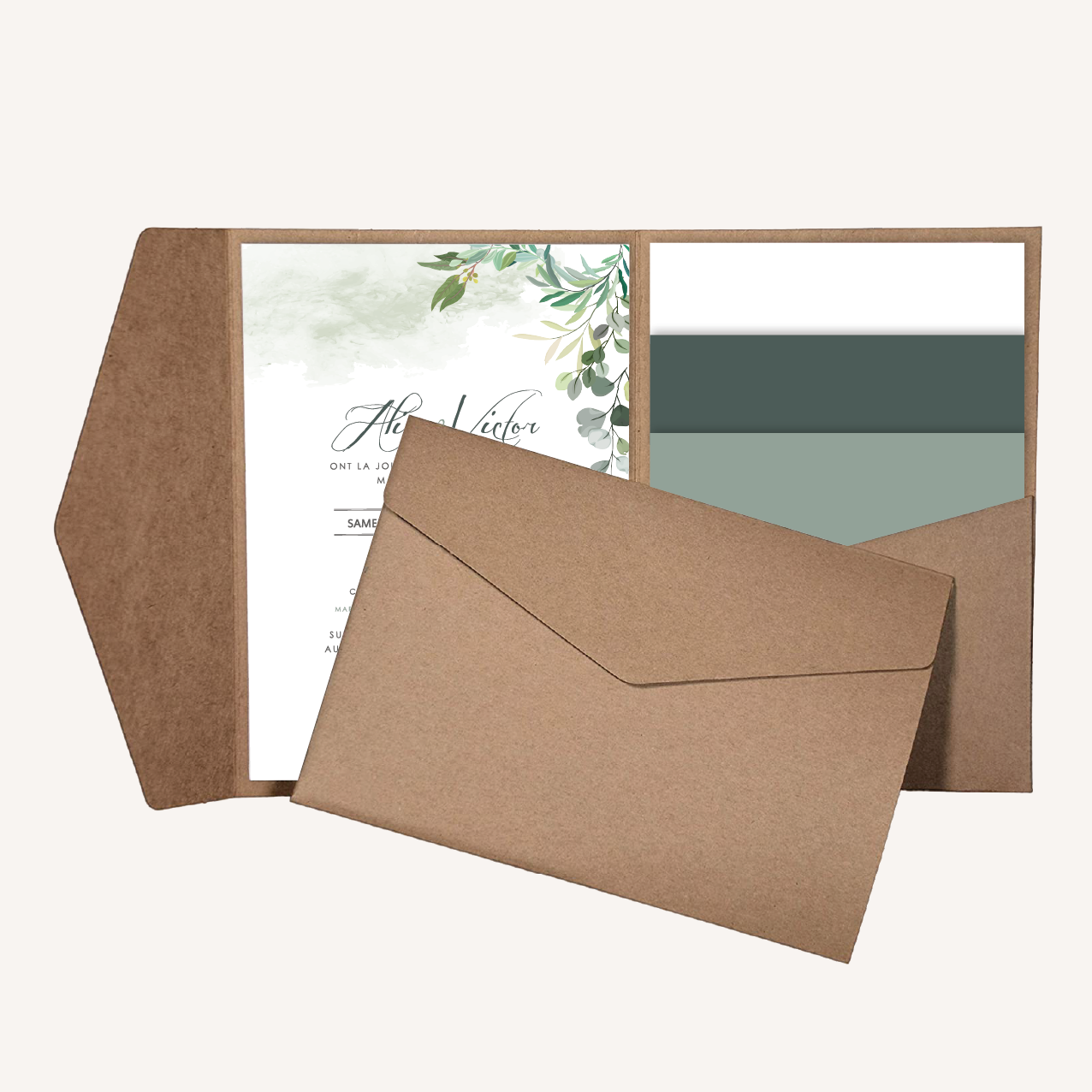 Faire-part avec pochette mariage végétal feuille eucalyptus
