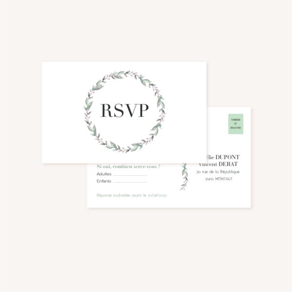 RSVP mariage recto verso, illustrations, portrait, toi et moi, Floral, nature, rose, nude, pêche, vert d’eau, vert menthe, eucalyptus, feuillage, végétal, aquarelle, dessin, couple, photo, romantique, végétal, nature, champêtre