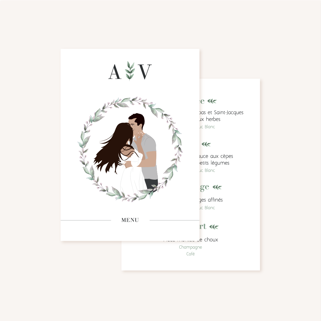 Menu, illustrations, portrait, toi et moi, floral, nature, rose, nude, pêche, vert d’eau, vert menthe, eucalyptus, feuillage, végétal, aquarelle, dessin, couple, photo, romantique, végétal, nature, champêtre