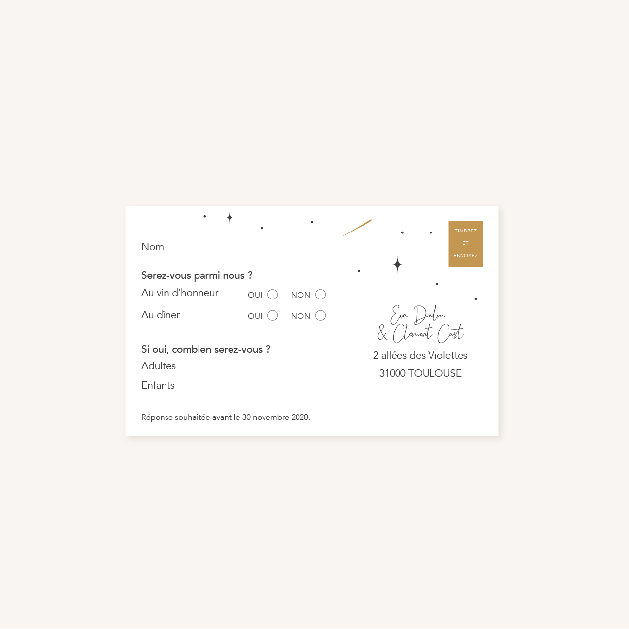 RSVP de mariage aux thèmes nuit, étoiles, nuages, rêves, comètes et couleurs gris, blanc, or, impression verso