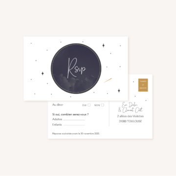 RSVP de mariage aux thèmes nuit, étoiles, nuages, rêves, comètes et couleurs gris, blanc, or