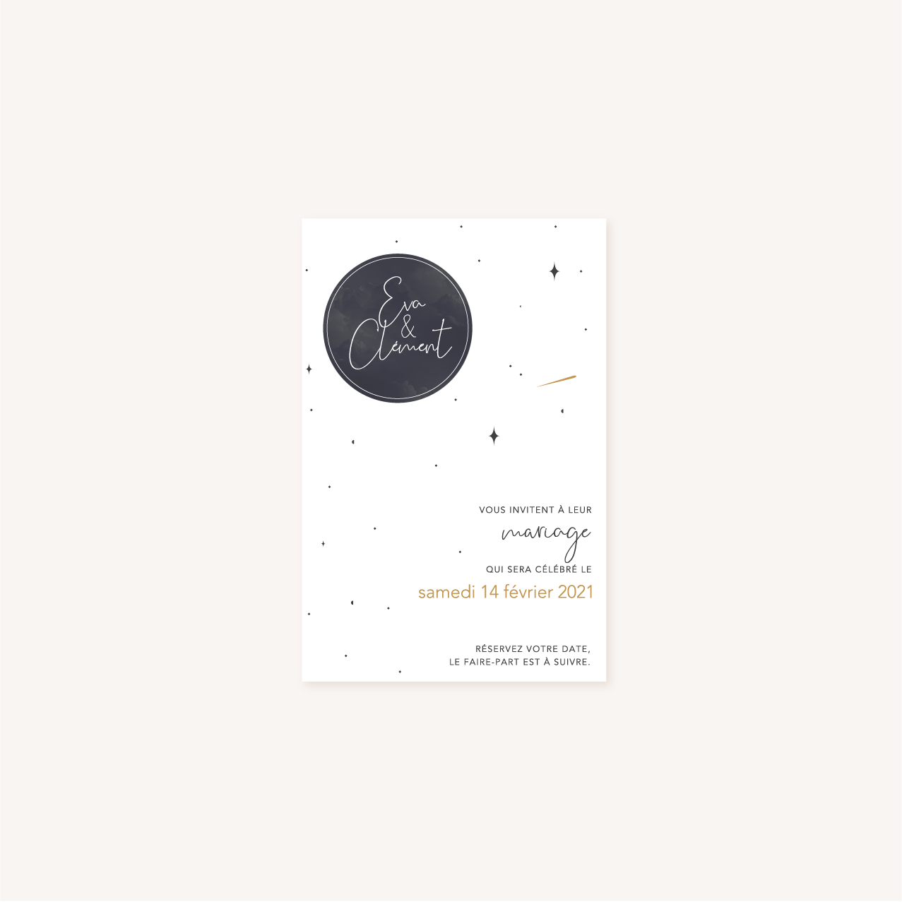 Save the date de mariage aux thèmes nuit, étoiles, nuages, rêves, comètes et couleurs gris, blanc, or, impression verso