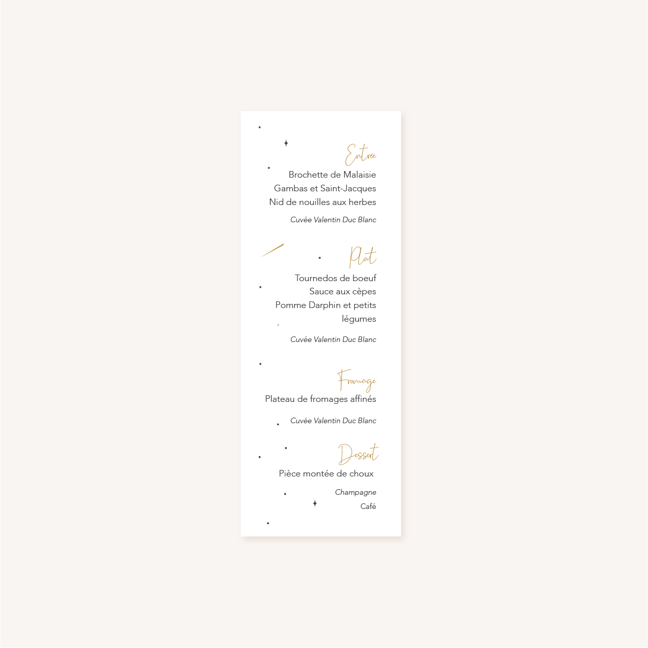 Menu individuel verso des tables invités pour un mariage aux thèmes nuit, étoiles, nuages, rêves, comètes et couleurs gris, blanc, or