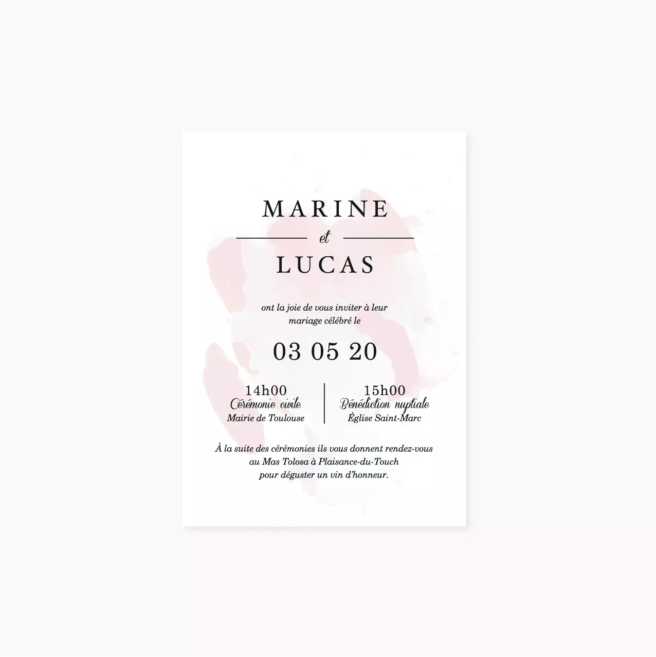 Faire-part mariage blush couleurs rose, rose poudré, rose clair, blanc, mariage thèmes doux, romantique