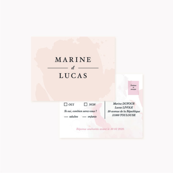 RSVP mariage blush couleurs rose, rose poudré, rose clair, blanc, mariage thèmes doux, romantique