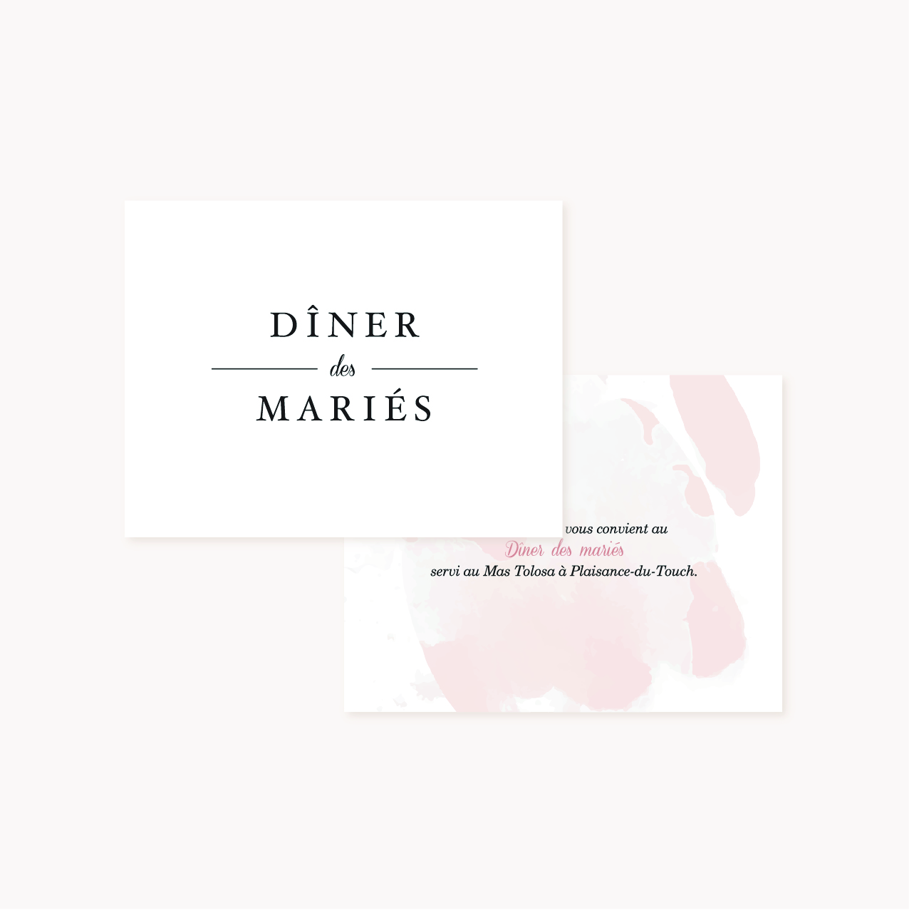 Invitation dîner mariage blush couleurs rose, rose poudré, rose clair, blanc, mariage thèmes doux, romantique