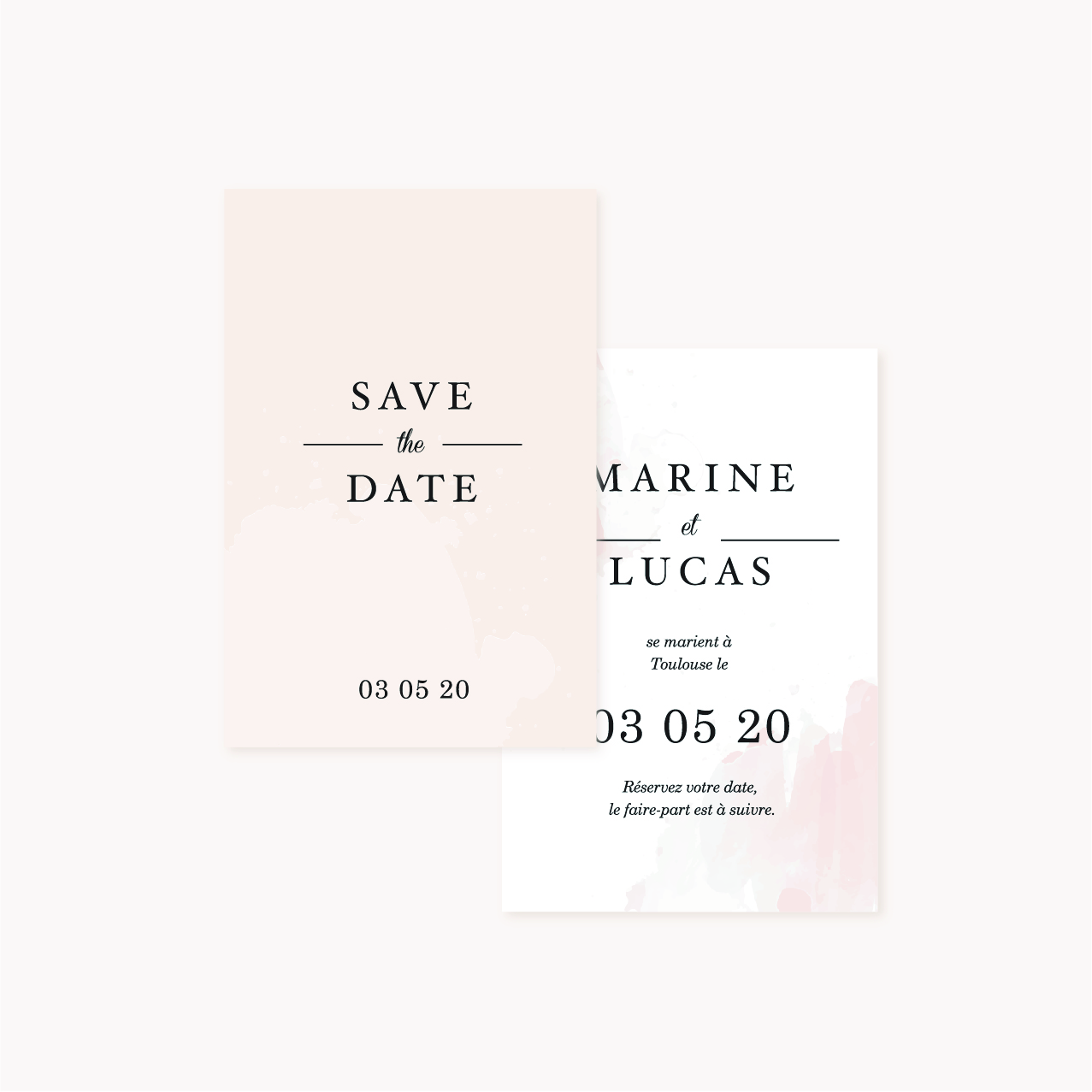 Save the date mariage blush couleurs rose, rose poudré, rose clair, blanc, mariage thèmes doux, romantique