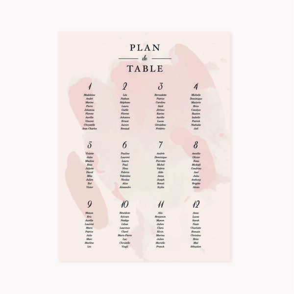 Panneau plan de table mariage blush couleurs rose, rose poudré, rose clair, blanc, mariage thèmes doux, romantique