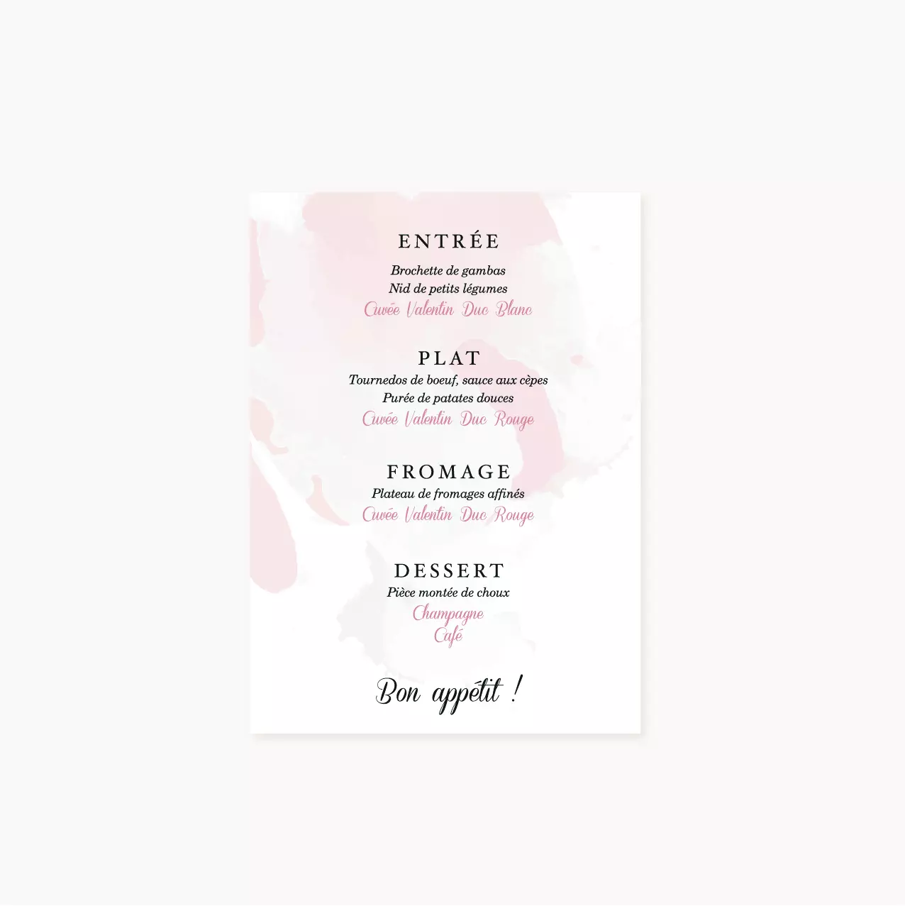 Menu mariage blush couleurs rose, rose poudré, rose clair, blanc, mariage thèmes doux, romantique