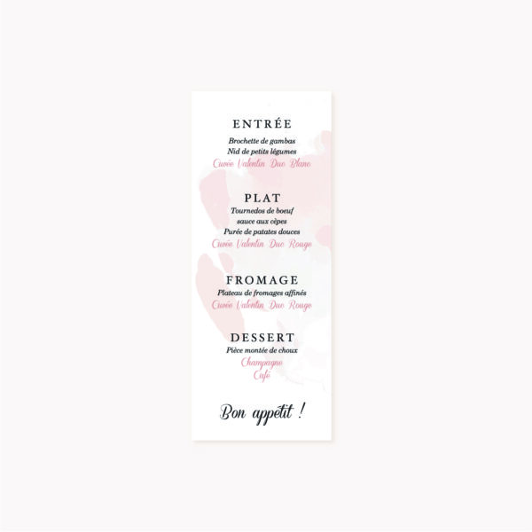 Menu individuel invités mariage blush couleurs rose, rose poudré, rose clair, blanc, thèmes doux, romantique