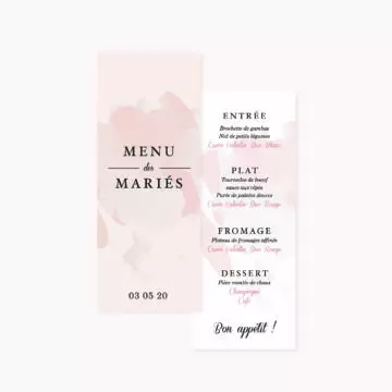 Menu individuel invités mariage blush couleurs rose, rose poudré, rose clair, blanc, thèmes doux, romantique