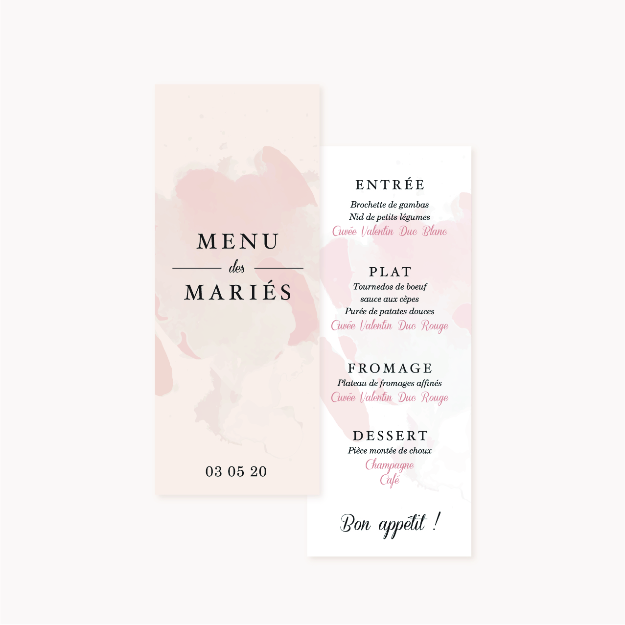 Menu individuel invités mariage blush couleurs rose, rose poudré, rose clair, blanc, thèmes doux, romantique