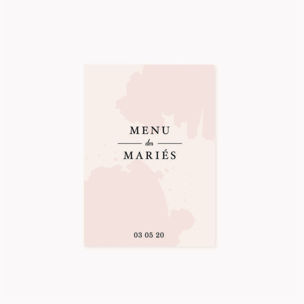 Menu mariage blush couleurs rose, rose poudré, rose clair, blanc, mariage thèmes doux, romantique