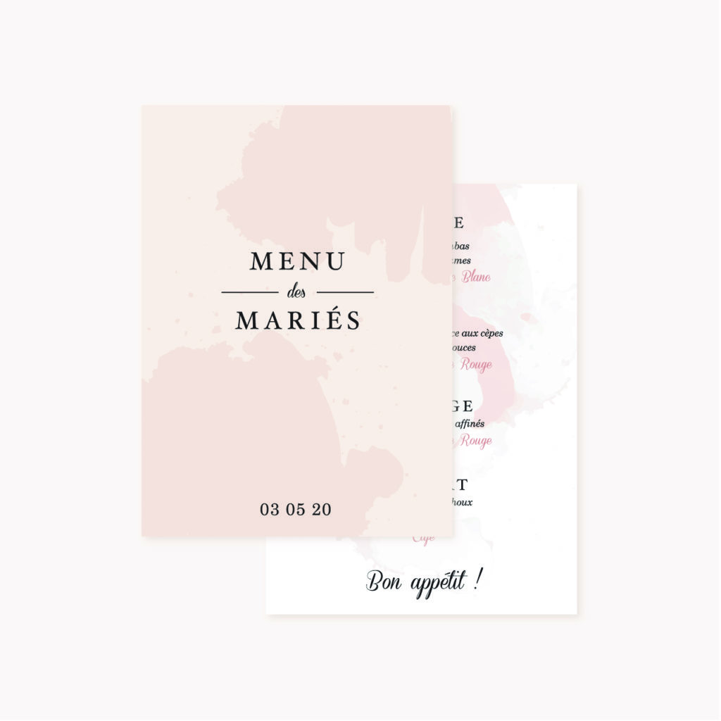 Menu mariage blush couleurs rose, rose poudré, rose clair, blanc, mariage thèmes doux, romantique