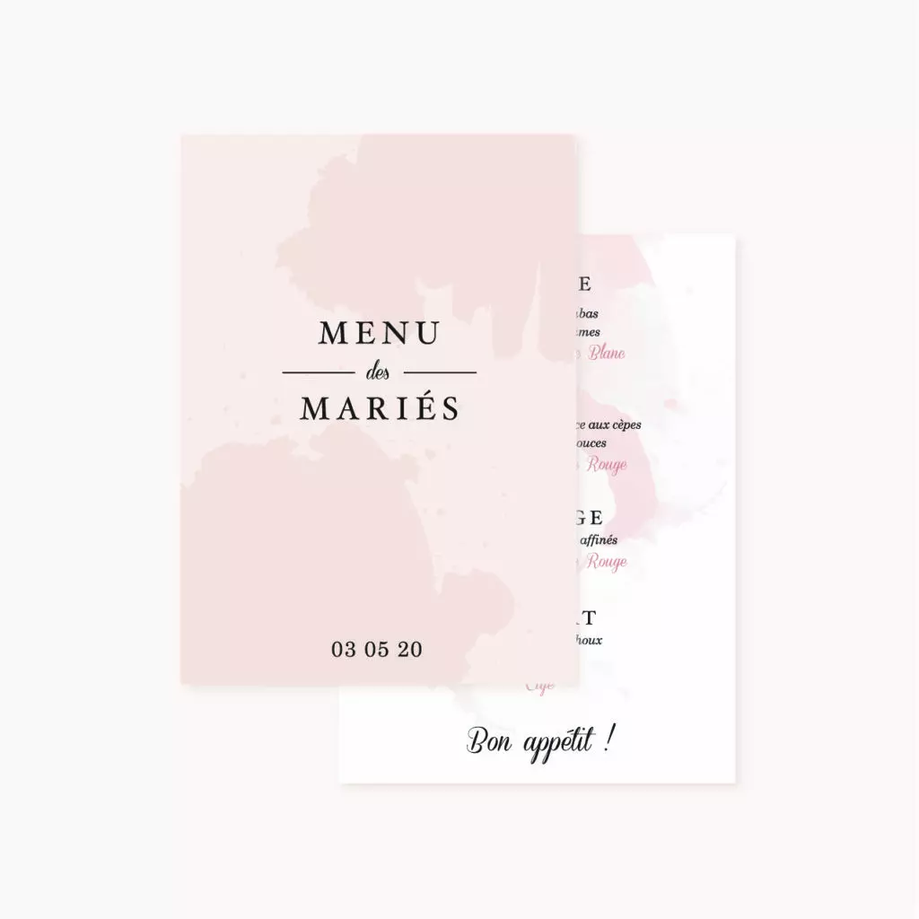 Menu mariage blush couleurs rose, rose poudré, rose clair, blanc, mariage thèmes doux, romantique