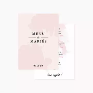 Menu mariage blush couleurs rose, rose poudré, rose clair, blanc, mariage thèmes doux, romantique
