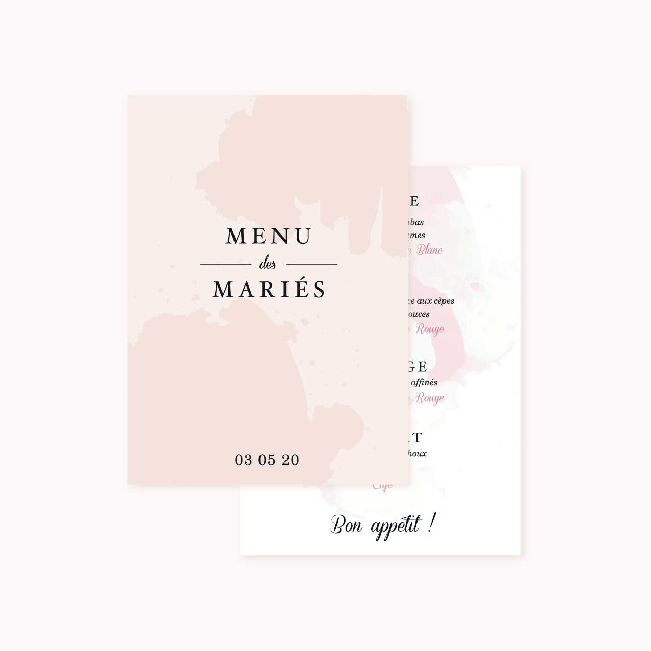 Menu mariage blush couleurs rose, rose poudré, rose clair, blanc, mariage thèmes doux, romantique