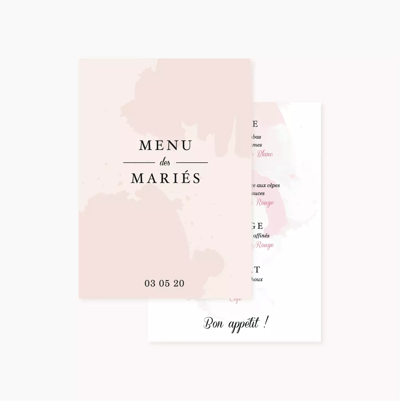Menu mariage blush couleurs rose, rose poudré, rose clair, blanc, mariage thèmes doux, romantique