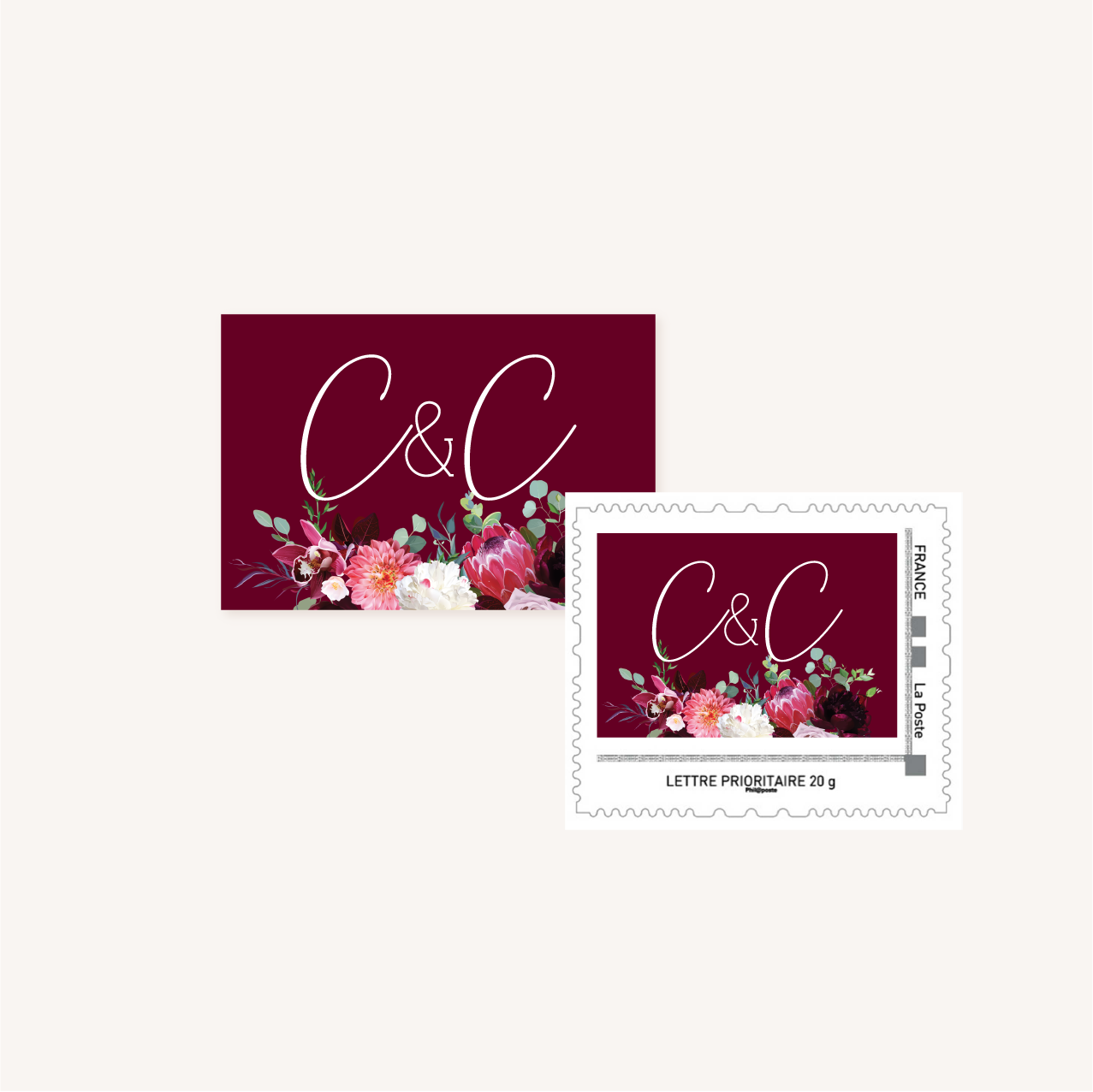 Timbre mariage fleurs floral burgundy eucalyptus bordeaux